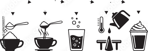 Set of silhouette icons. Instructions for preparing cocoa with milk. Directions for making a chocolate drink mix. Includes a cup, a drop, dry powder, a spoon, a thermometer, and a hot jet of steam.