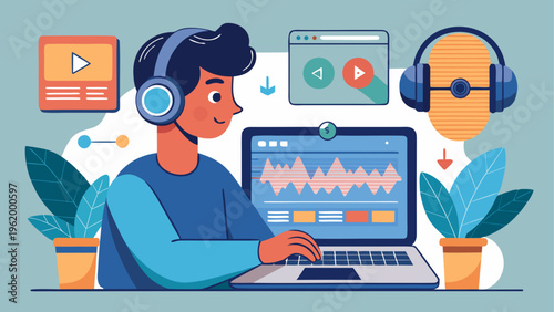 Remote worker, podcasting, audio editing, vector illustration