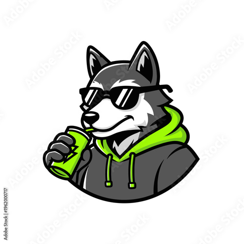 Cool Wolf Mascot in Hoodie Drinking from Can.