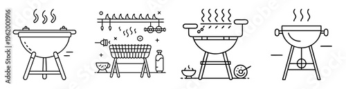 Black and white vector illustration showcasing various grill and barbecue setups