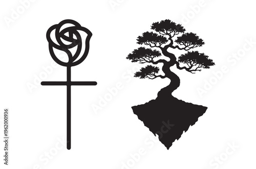 Black silhouette of a rose and bonsai tree with floating island