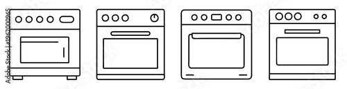 Four illustrations of different styles of cooking stoves in black and white
