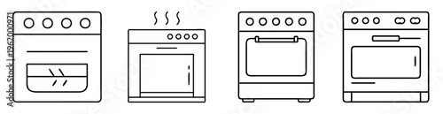 Four stylized oven appliance line drawings in a simple black outline