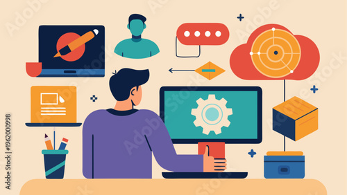 Flat design, office worker, computer icons, workflow vector