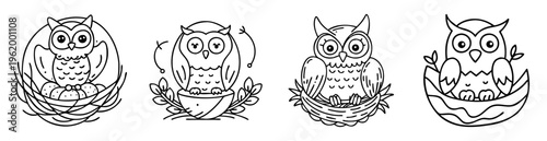Collection of adorable owls in nests, line art illustration, nature motifs