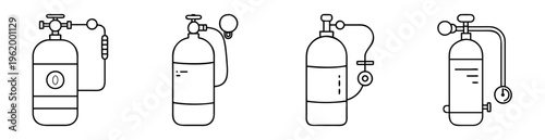Vector image showcasing a collection of oxygen tanks with pressure gauges