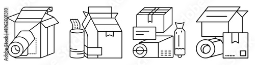 Simple black and white illustration depicting shipping and packing supplies and boxes