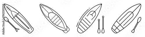Monochrome Line Art Illustration of Kayaks and Paddles in Simple Outline Style
