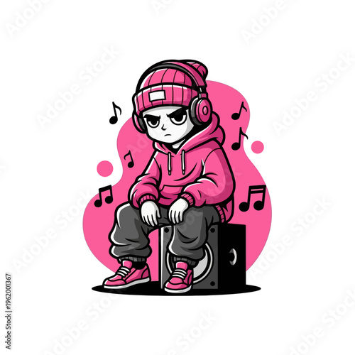 Cool young boy in pink hoodie and beanie with headphones sitting on speaker.