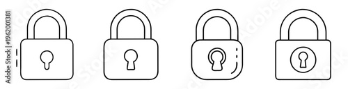 Assortment of four simplistic black and white padlock illustrations, minimal security icons