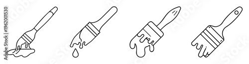 Four paintbrushes with dripping paint in black and white simple line drawing