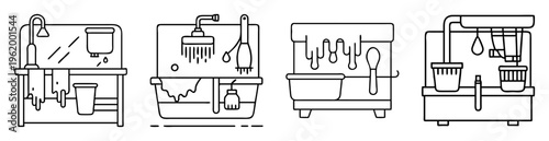 Four different cleaning stations with diverse cleaning tools and setups drawing
