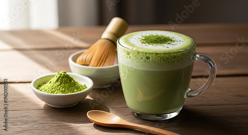 A vibrant matcha latte with whisk and powder perfect for design on transparent background