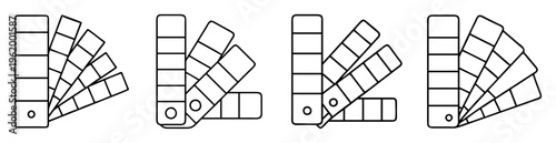 Four black and white stylized drawings of open fan deck paint swatches