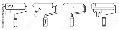 Outlined paint rollers with dripping paint isolated on white background