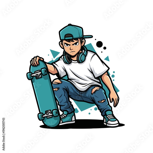 Cool young boy with skateboard and headphones.