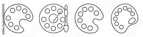 Four variations of artists paint palettes with circular wells and paintbrush