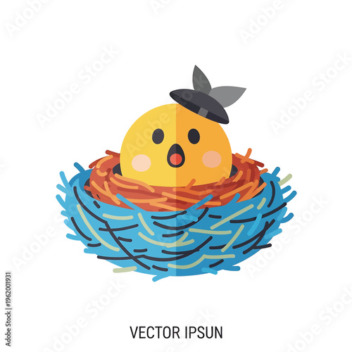 A yellow bird in a nest wearing a black hat