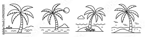 Linear black and white cartoon depiction of palm trees on tropical beaches