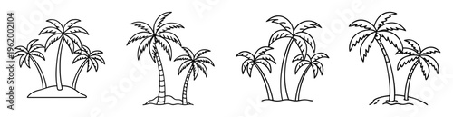 Black and white outline illustration of tropical palm trees on small island