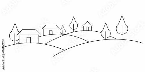 Simple line drawing of a rural landscape with houses and trees