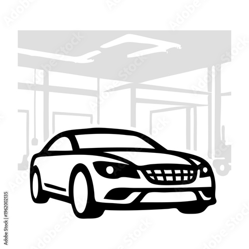 Logo concesionario de coches. Dibujo con líneas de la vista en perspectiva de un vehículo de lujo, con en interior de un edificio de fondo