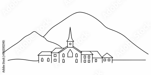 Simple line drawing of a church with a mountainous landscape backdrop