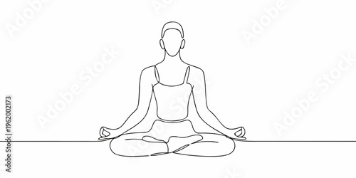Continuous line drawing of a woman meditating in the lotus position