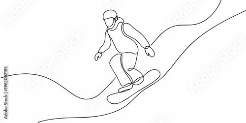 A continuous line drawing depicts a skier descending a snowy slope