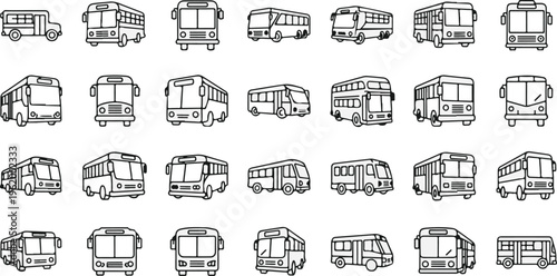 Black and white vector illustration set of 30 modern urban buses and trams in flat line art style for transportation design and
