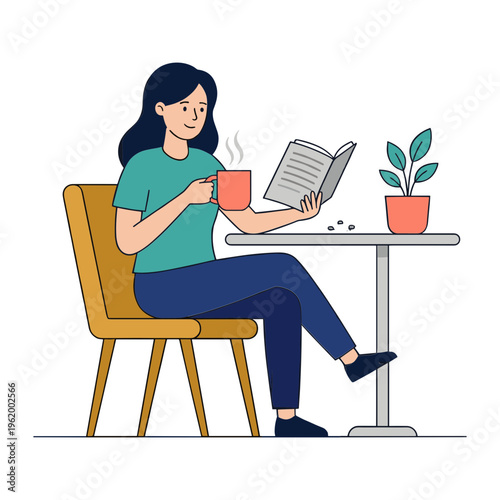 Woman sitting on chair reading book at table with coffee and plant indoors