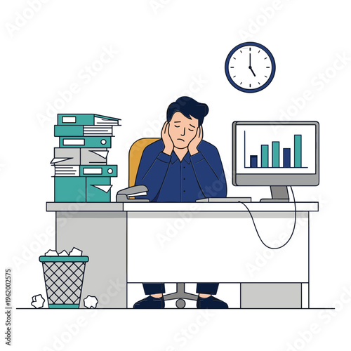 A stressed man sitting at a cluttered office desk with files and a computer showing a graph.