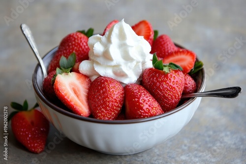 Strawberries dessert with cream in bowl on table