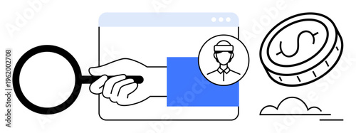 Identity verification, cybersecurity, financial transactions, online safety, digital authentication, fraud prevention. Magnifying glass, user profile and digital coin. Identity verification