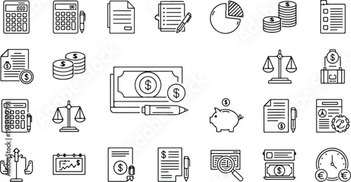flat lay collection of black and white finance and business icons on light background