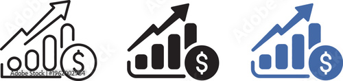Financial growth icon, rising bar chart with upward arrow and dollar coin, profit increase revenue growth income investment success concept