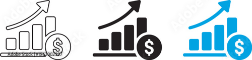 Financial growth icon, rising bar chart with upward arrow and dollar coin, profit increase revenue growth income investment success concept