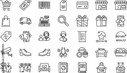 flat lay collection of black and white shopping and delivery icons on light background