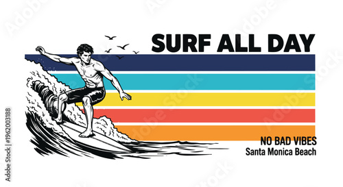 Modern Illustration with Gradient Background, featuring surfer catching a wave; ideal for surfing apparel, beach resort promotion, and travel blog content.