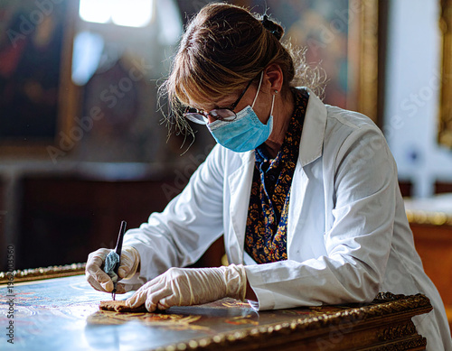 A professional art restorer meticulously preserving a classic masterpiece. This image represents heritage conservation, expert craftsmanship, and the dedication to saving cultural history.