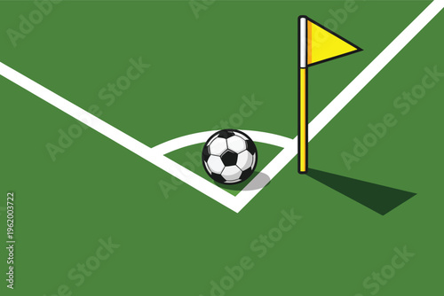 Soccer ball on corner kick line, football field green grass pitch with yellow flag, sports game vector illustration