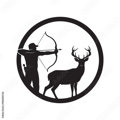 A black and white silhouette logo design featuring a bow hunter aiming at a standing male deer