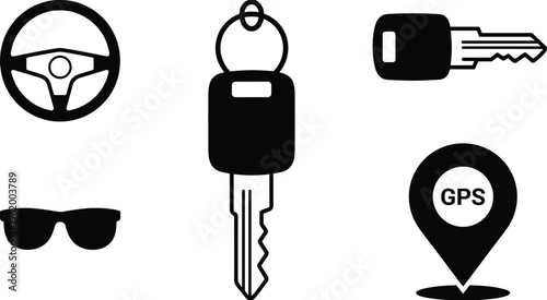 Driving accessories silhouettes, steering wheel, sunglasses, car keys, GPS location pin, travel navigation icons, vehicle access, flat vector illustration