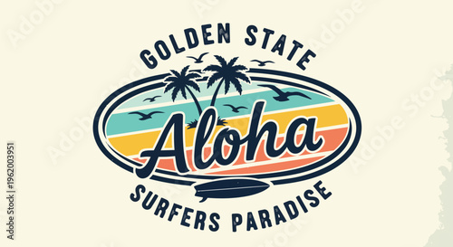 Vibrant Aloha Badge with Gradient Background, concept for vacation merchandise, event promotion, and travel branding.