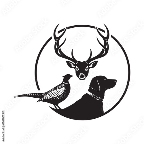 A minimalist black and white emblem featuring a deer head, a hunting dog, and a pheasant bird