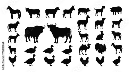 Collection of black silhouettes of various farm and domestic animals