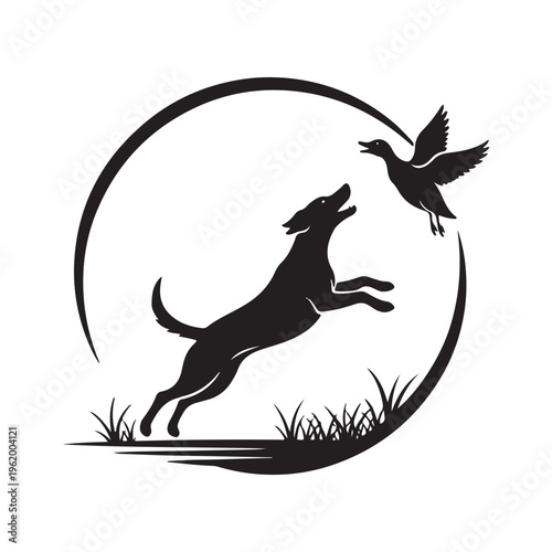 A silhouette illustration of a hunting dog jumping to catch a flying duck inside a circle frame