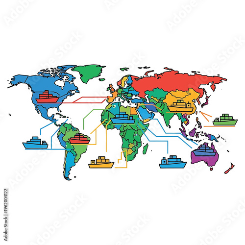 Global Trade Shipping Routes Map Illustration.