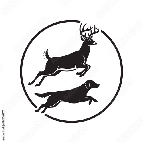 A minimalist black and white circular emblem featuring a leaping buck deer and a running retriever