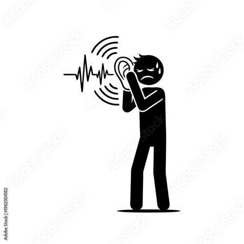 Flat Black Pictogram Of A Distressed Man Covering His Ear Illustrating Tinnitus Or Severe Earache